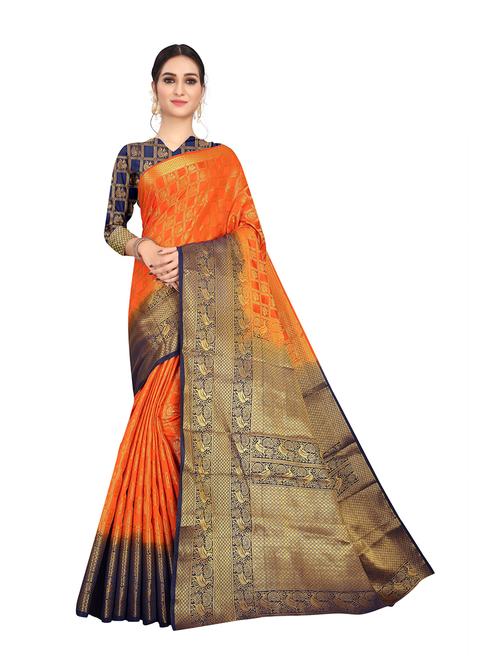 orange cotton blend kanjivaram saree - 19198327 - Very Small Image - 1