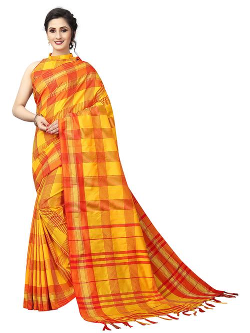 yellow check saree with blouse - 19198420 - Very Small Image - 1