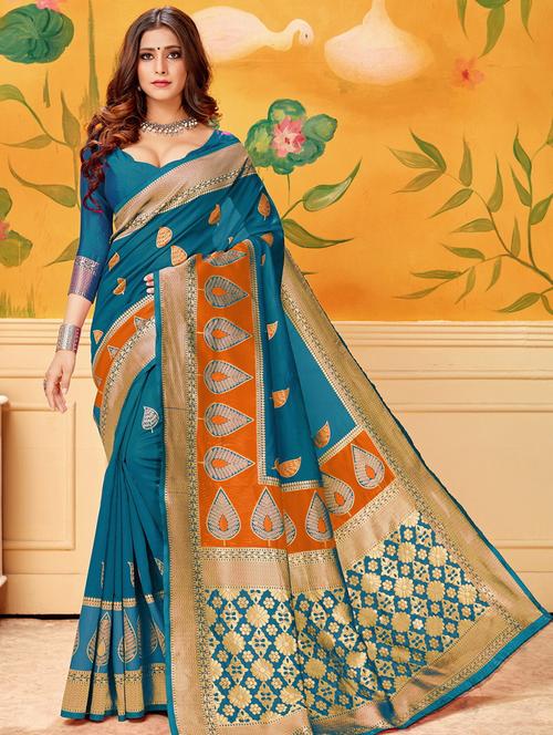 blue cotton blend saree - 19198504 - Very Small Image - 1