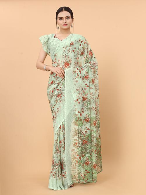 green printed saree with blouse - 19198551 - Very Small Image - 1