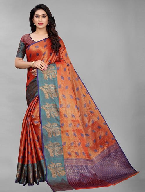 orange silk blend kanjivaram saree with blouse - 19198631 - Very Small Image - 1
