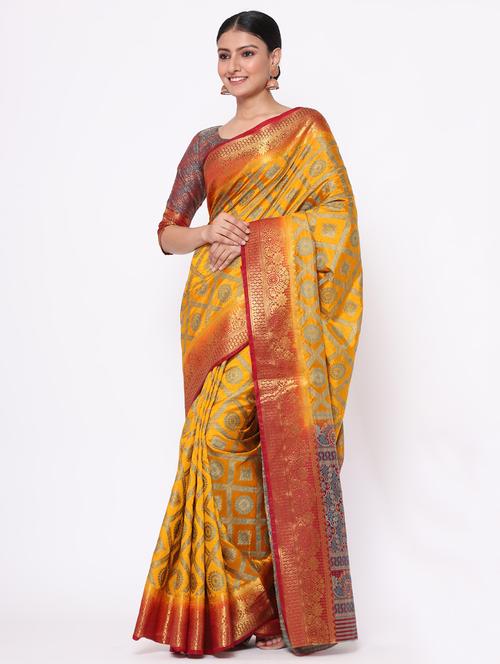yellow art silk kanjivaram saree with blouse - 19198643 - Very Small Image - 1