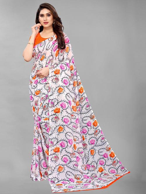 orange printed saree with blouse - 19198698 - Very Small Image - 1