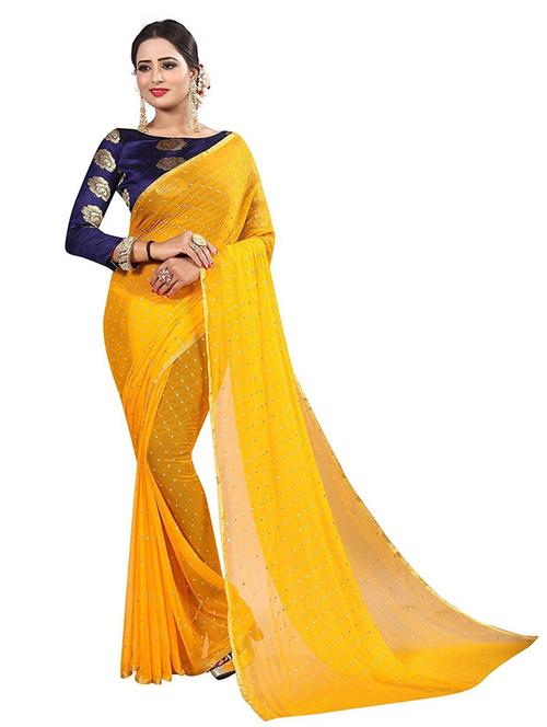 yellow printed saree with blouse - 19198700 - Very Small Image - 1