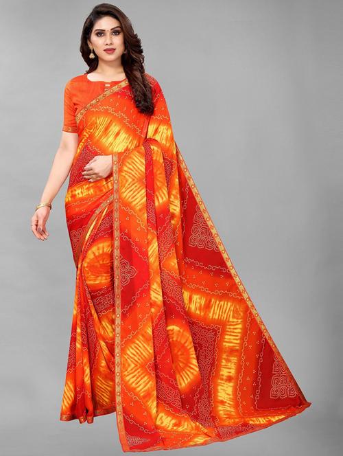 orange printed saree with blouse - 19198751 - Very Small Image - 1