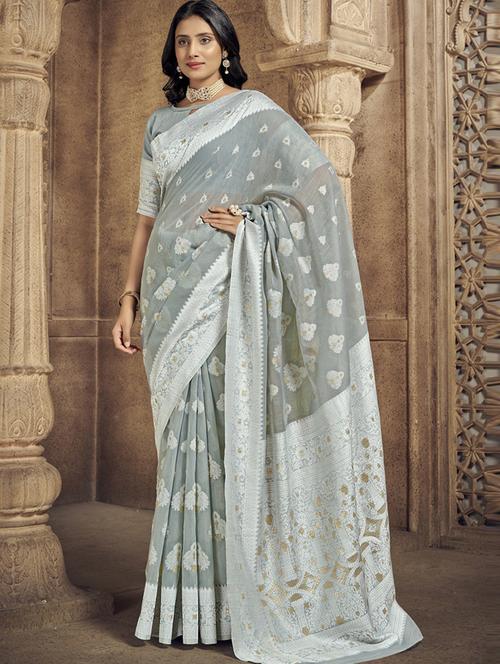 grey self design saree with blouse - 19198783 - Very Small Image - 1