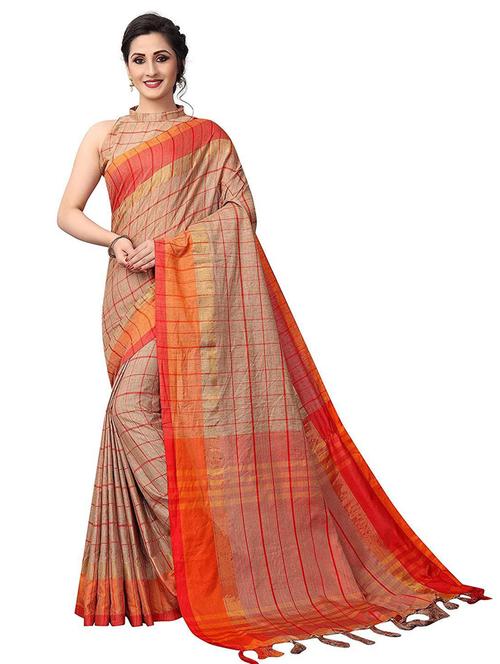 orange checked set saree with blouse - 19198802 - Very Small Image - 1