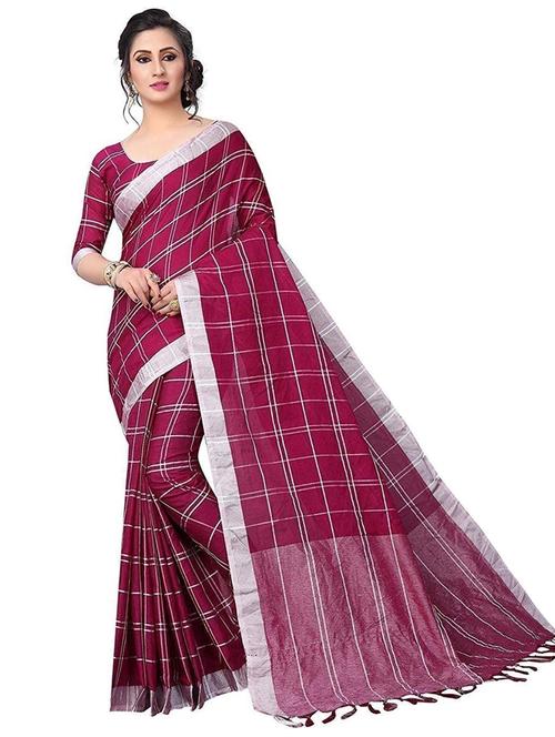 magenta check saree - 19198847 - Very Small Image - 1