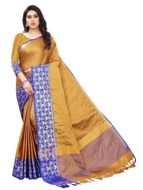 gold check saree with blouse - 19199025 - Very Small Image - 1