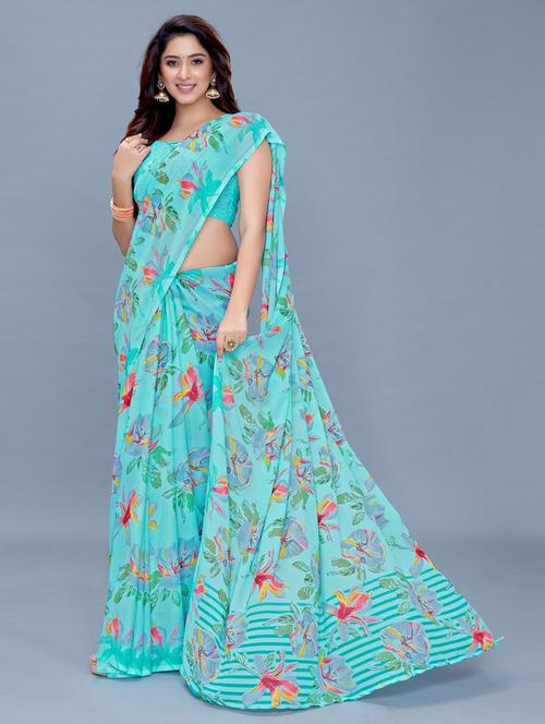 light blue printed saree with blouse - 19199027 - Very Small Image - 1