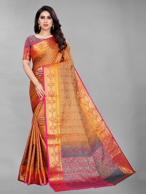 ethnic wear orange colored saree set with blouse - 19199063 - Very Small Image - 1