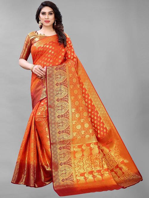 ethnic wear orange colored saree set with blouse - 19199089 - Very Small Image - 1