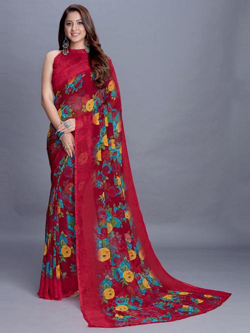 floral printed saree with blouse - 19199257 - Very Small Image - 1