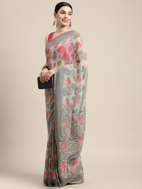 floral printed saree with blouse - 19199280 - Very Small Image - 1