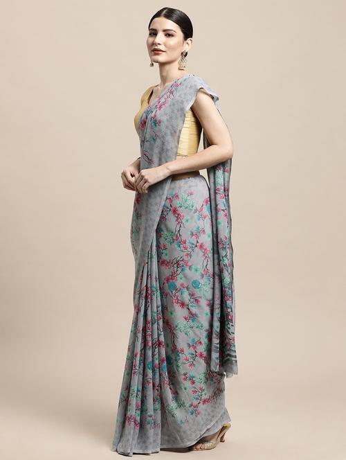floral printed saree with blouse - 19199296 - Very Small Image - 1