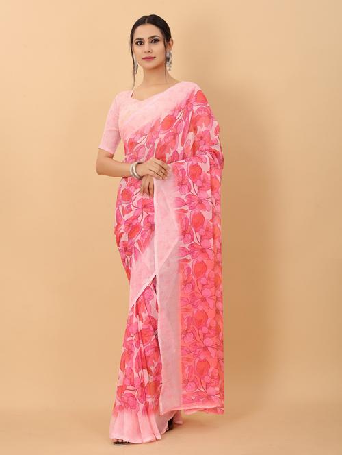 floral printed saree with blouse - 19199301 - Very Small Image - 1