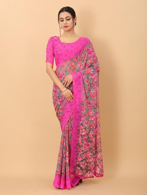 floral printed saree with blouse - 19199306 - Very Small Image - 1