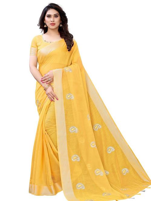yellow paisley embroidered saree with blouse - 19199338 - Very Small Image - 1
