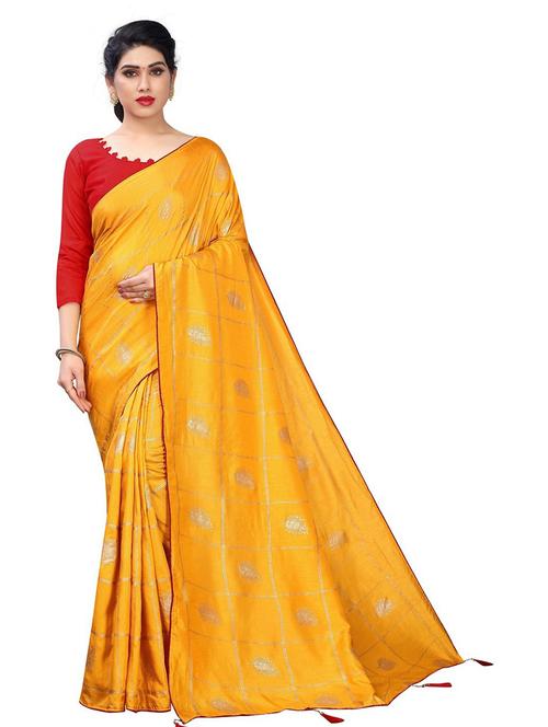 tassel detailed yellow printed saree with blouse - 19199348 - Very Small Image - 1