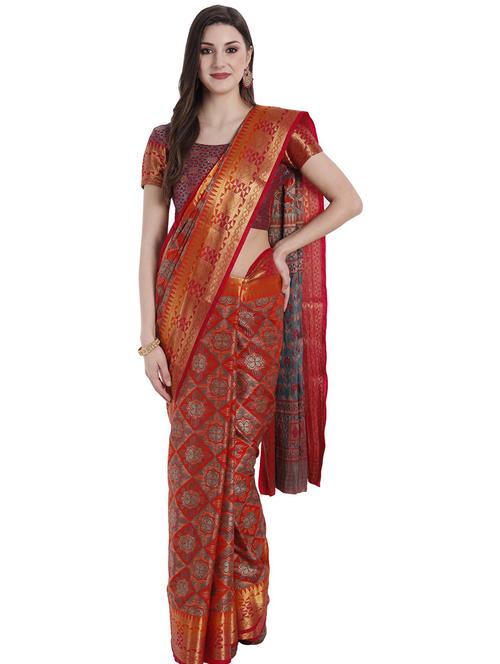 orange self design kanjivaram saree with blouse - 19199370 - Very Small Image - 1