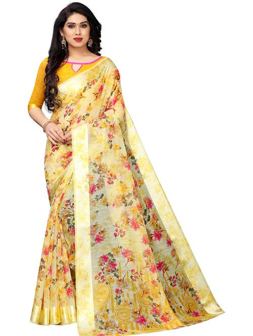 yellow floral print saree - 19199471 - Very Small Image - 1
