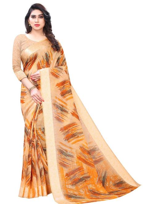 yellow printed saree with blouse piece - 19199635 - Very Small Image - 1