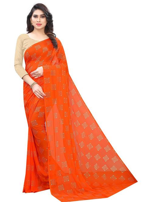 orange foil print set saree - 19199826 - Very Small Image - 1