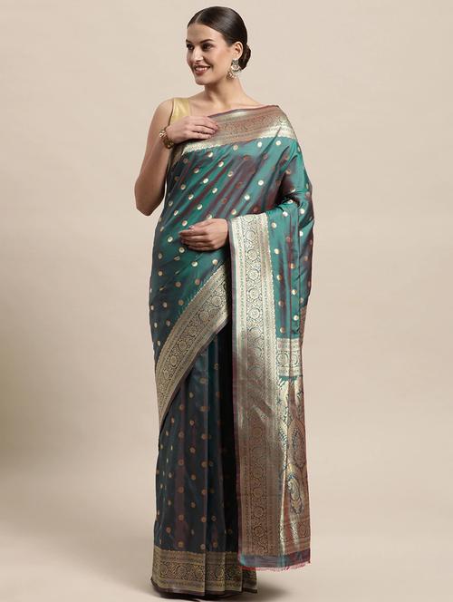 teal kanjivaram saree with blouse - 19199885 - Very Small Image - 1