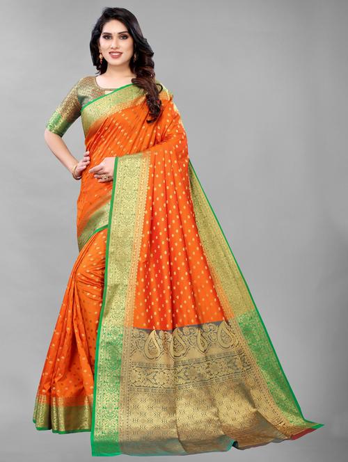 orange silk blend kanjivaram saree with blouse - 19200033 - Very Small Image - 1
