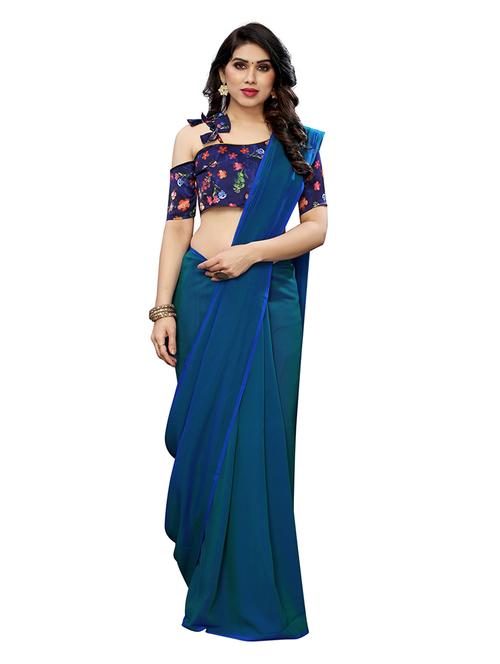 dark blue solid set saree with blouse - 19200384 - Very Small Image - 1
