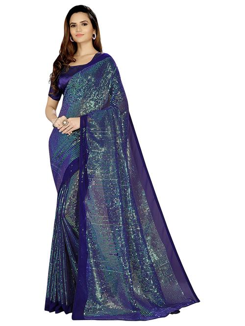 dark blue sequin detailed set saree with blouse - 19200418 - Very Small Image - 1