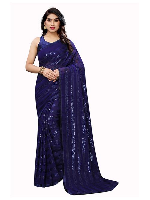 dark blue sequin detailed set saree with blouse - 19200422 - Very Small Image - 1