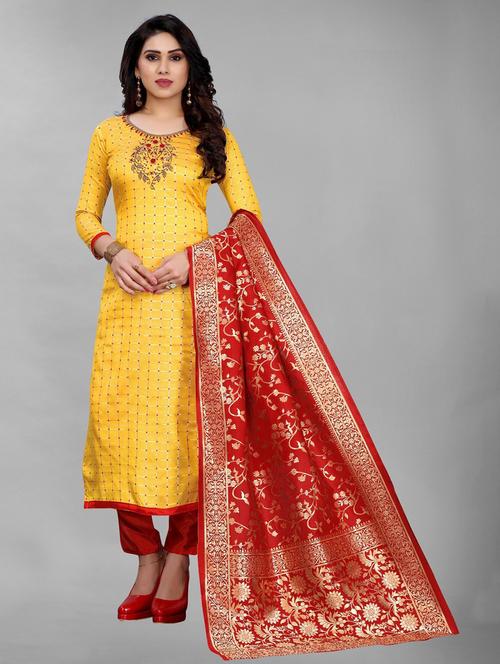 yellow embellished unstitched ethnic suit - 19200618 - Very Small Image - 1