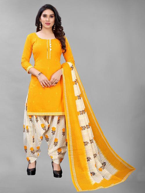yellow printed unstitched ethnic suit - 19200623 - Very Small Image - 1
