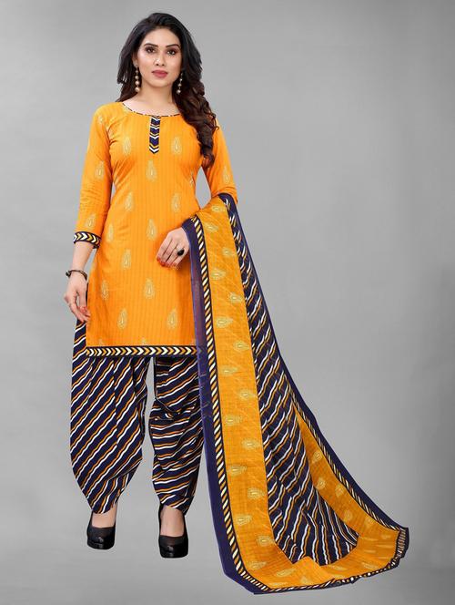 yellow printed unstitched ethnic suit - 19200630 - Very Small Image - 1