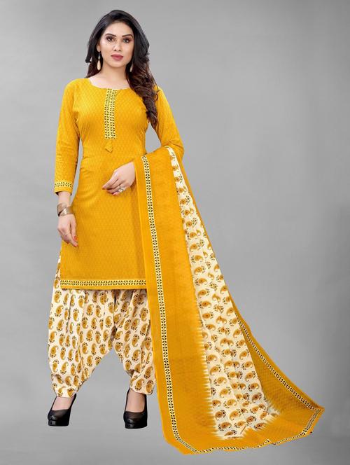 yellow printed unstitched ethnic suit - 19200648 - Very Small Image - 1