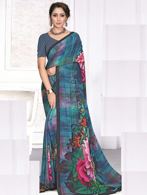 floral printed saree with blouse - 19204846 - Very Small Image - 1
