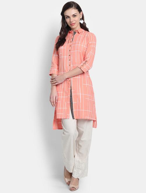 peach printed front slit kurta - 19207606 - Very Small Image - 1