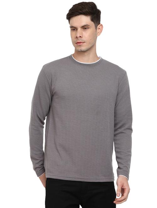 round neck self design t-shirt - 19216100 - Very Small Image - 1