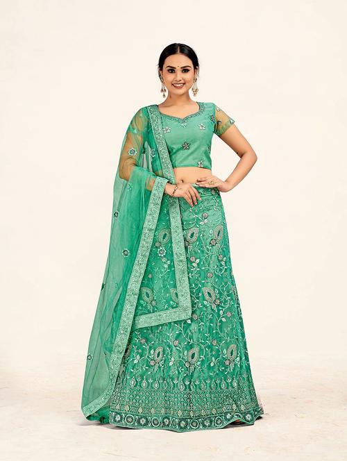 green flared embroidered lehenga - 19218045 - Very Small Image - 1