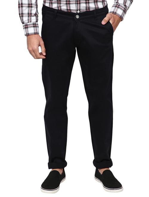 navy blue solid flat front casual trouser - 19220447 - Very Small Image - 1