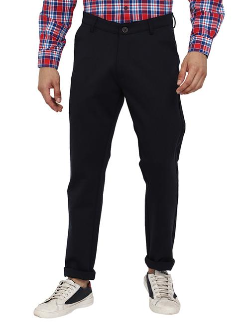 navy blue solid flat front casual trouser - 19220550 - Very Small Image - 1