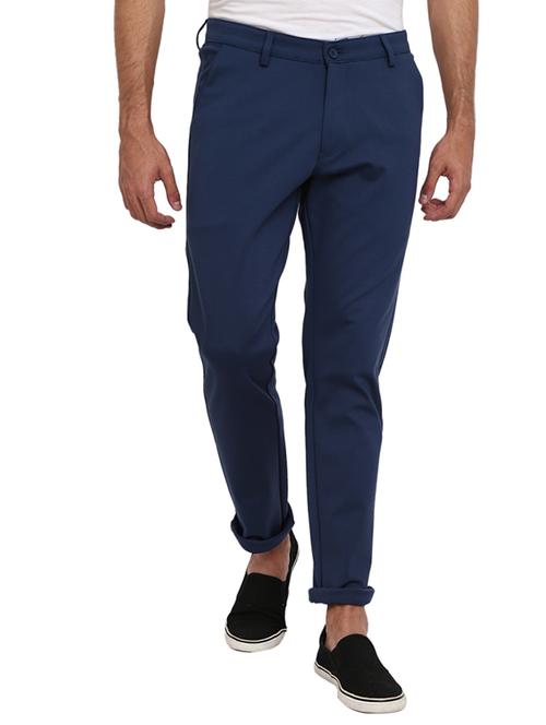 navy blue solid flat front casual trouser - 19220570 - Very Small Image - 1