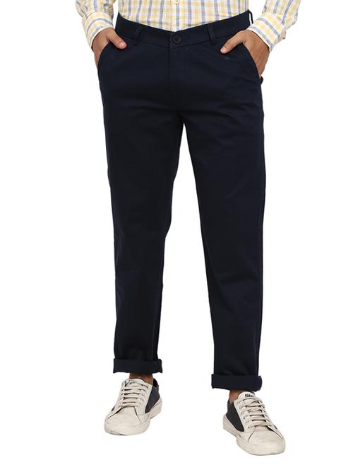 navy blue solid flat front casual trouser - 19220783 - Very Small Image - 1