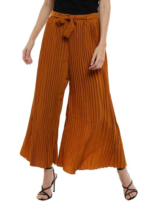 women solid mustard detailed wide leg trouser - 19220880 - Very Small Image - 1