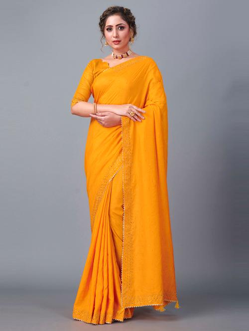 yellow sequin detailed saree with blouse - 19221627 - Very Small Image - 1
