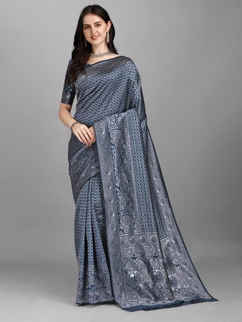 blue self design set saree with blouse - 19225115 - Very Small Image - 1