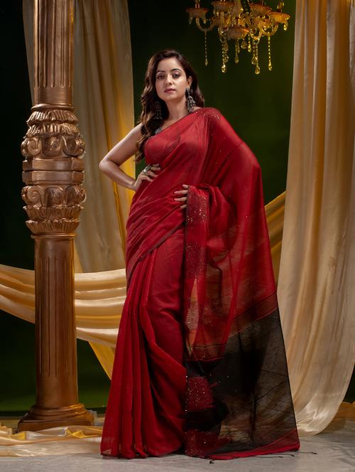 red sequin detail saree with blouse - 19225270 - Very Small Image - 1