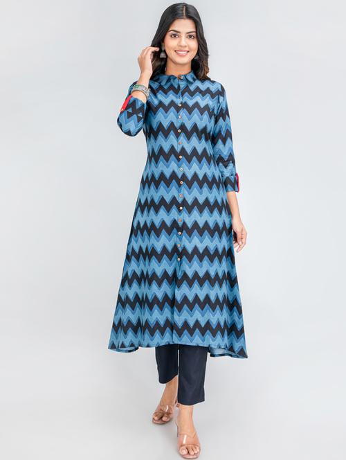 indigo printed a-line kurta - 19225371 - Very Small Image - 1