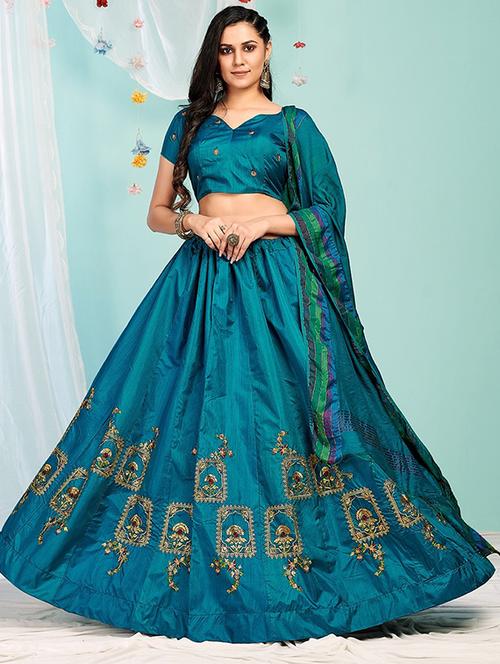 green embroidered flared lehenga - 19242377 - Very Small Image - 1